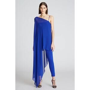 HALSTON Women's Rayna Catsuit 4 Blue Scuba Chiffon One-Shoulder Fitted Jumpsuit